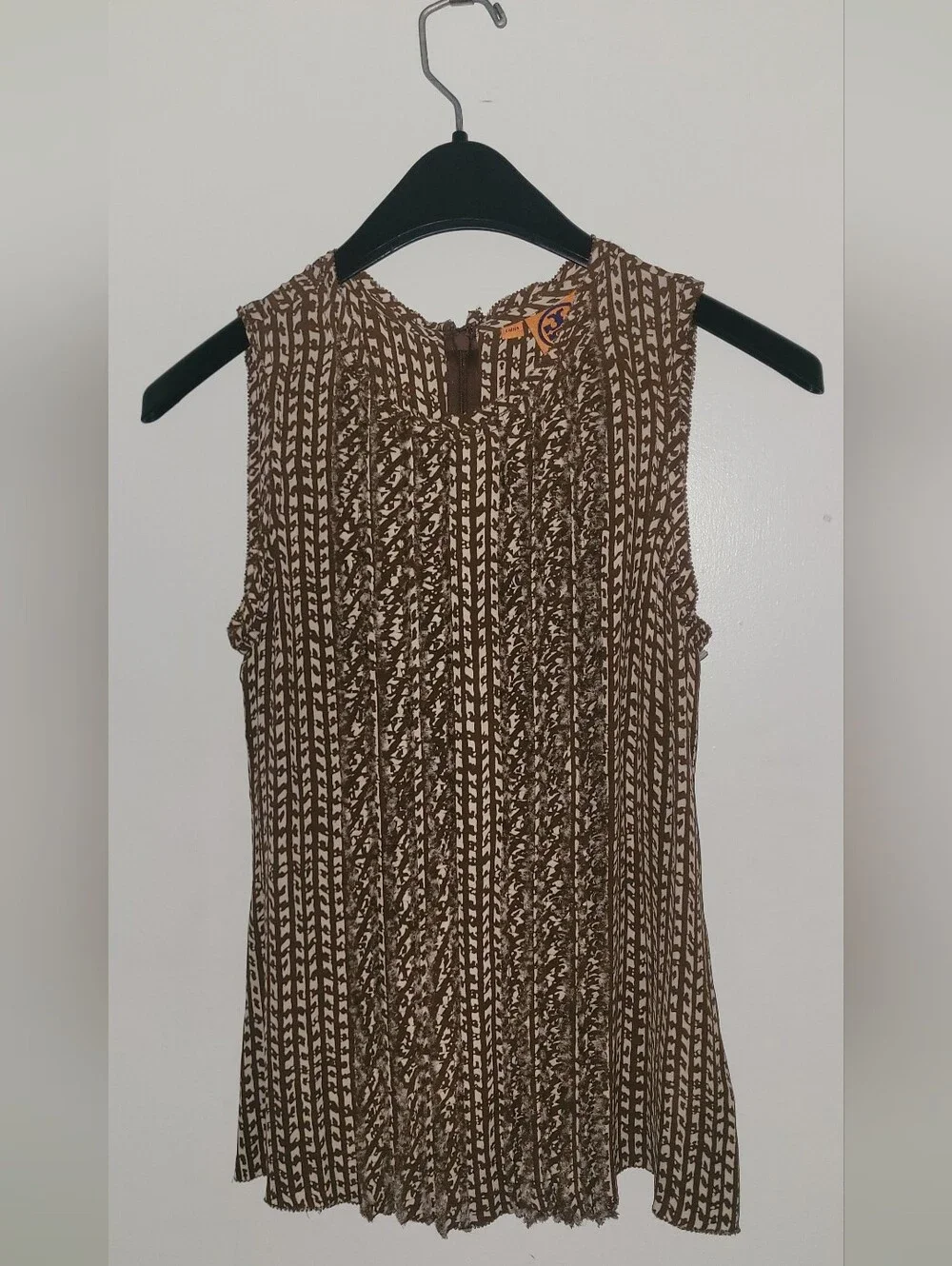 Tory Burch Multitone Brown Patterned Pleated Silk Sleeveless Blouse Size 6
